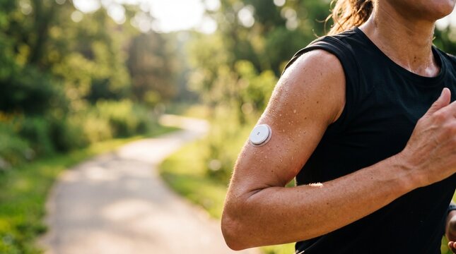 Sweaty female runner with CGM glucose monitor on arm running outdoors