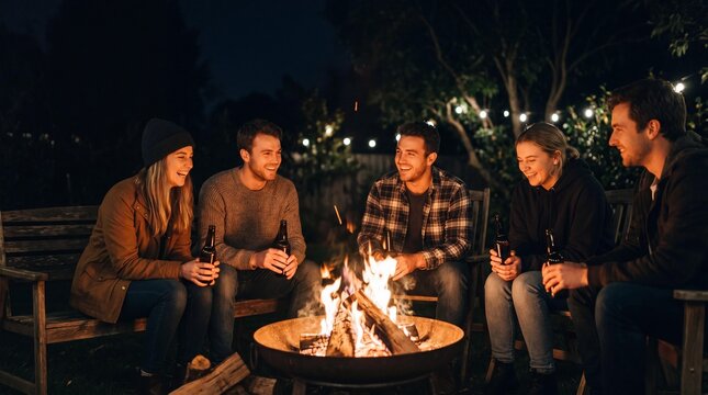 Happy Friends Laughing Around Cozy Backyard Fire Pit with Beer at Night