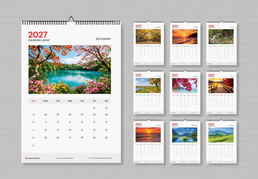 Modern 2027 Wall Calendar Layout with Minimal Natural Photography
