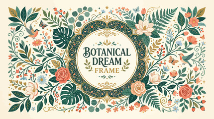 Botanical frame with roses birds and butterflies in garden scene © sastro