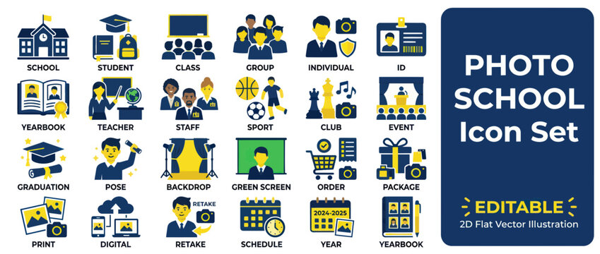 School photography and yearbook service icons in flat design
