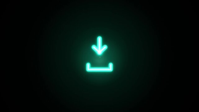 Glowing cyan download arrow icon animating to show digital file receiving from cloud network.