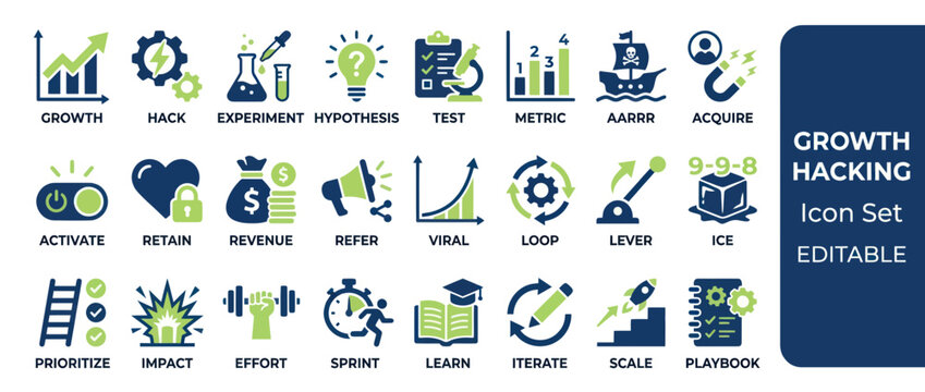 Growth hacking business marketing strategy flat icon set