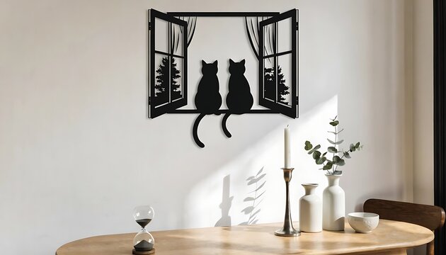 Two cats sitting on a window frame wall decal illustration