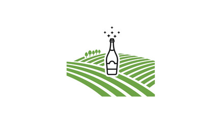 Champagne bottle stands prominently above the lush green rows of a rolling vineyard landscape. © berkah