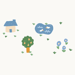 Naklejka premium Cute hand drawn home scenery cluster with little house trees pond and flowers isolated on white 
