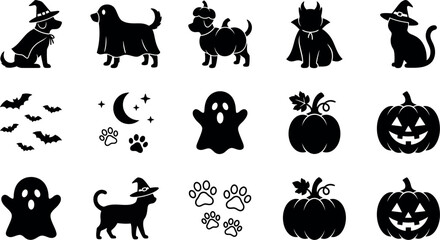 Obraz premium A detailed vector illustration showcasing various Halloween icons and characters in a festive style.
