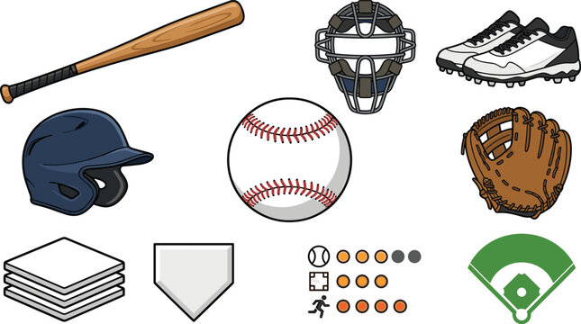 Baseball and softball sports equipment vector illustration collection featuring a ball bat helmet glove mask cleats field and bases elements.