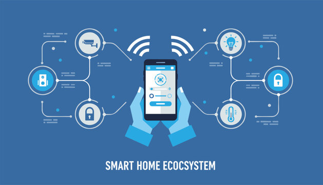 Smart home ecosystem concept featuring hands holding mobile phone with app control interface for various connected household devices.