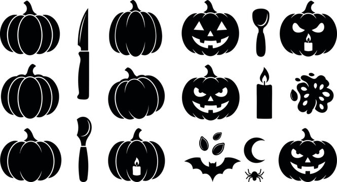 Halloween-themed vector illustration featuring spooky pumpkins and jack-o'-lanterns with eerie expressions