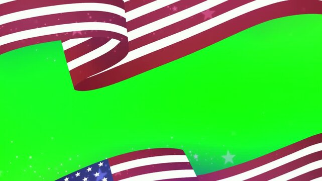 American flag ribbons frame the top and bottom of a bright green screen background creating a festive border for patriotic video presentations or national celebration content that requires easy.