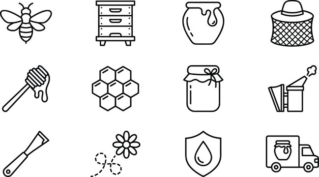 Beekeeping and honey production outline icon collection featuring bee, beehive, honey jar, honeycomb and apiary equipment vector illustration