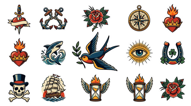 Classic traditional American tattoo flash vector icons.