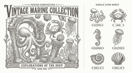 Vintage marine life collection with octopus crab and sea creatures © melia