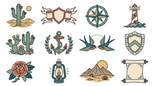 Western and nautical themed vintage vector icons.