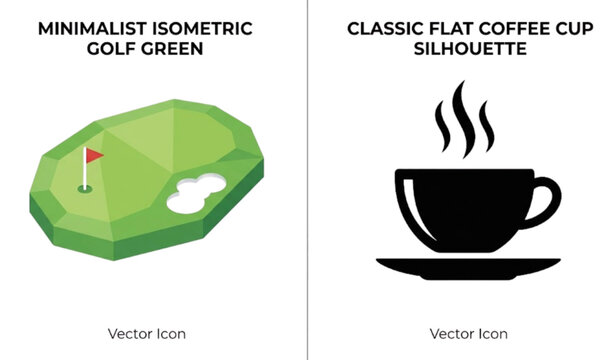 Floating golf course green and hot coffee cup silhouette set isolated on white background flat vector illustration mini golf flag and coffee break design