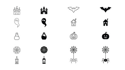 Halloween icons set including castles ghosts bats pumpkins spiders and cobwebs on white © PNG BOSS 22