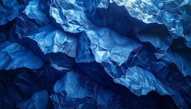 Abstract blue crumpled paper texture background with dramatic shadows and highlights resembling jagged mountain peaks or ice formations