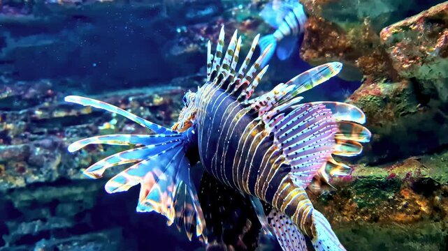 Red lionfish swimming in clear water with decorative coral background.