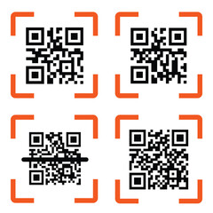 Fototapeta premium Four distinct qr codes with orange scanning frames, digital data matrix symbols for quick response scanning, technology and connectivity