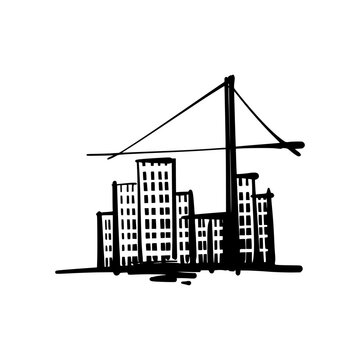 Hand drawn sketch of building construction logo using simple line art style 