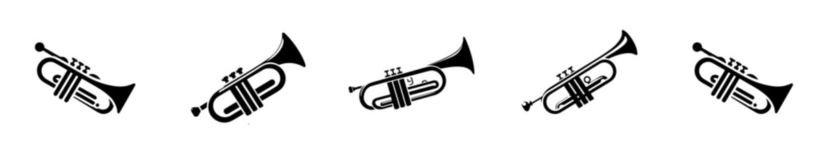 Trumpet icon set. Collection of musical brass instrument black silhouette icons isolated on white background. Jazz, orchestra and classical music vector illustration. © Sromben