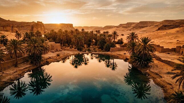 Majestic oasis with palm trees and reflection in salt lake pan for Egypt independence day travel campaign