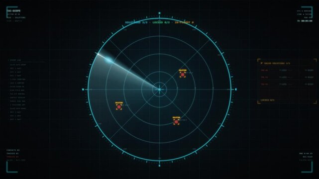 Military defense radar hud interface tracking and intercepting multiple enemy missile threats.