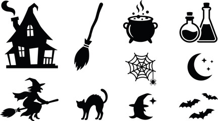 Fototapeta premium Halloween-themed vector illustration with spooky house, witch hat, cauldron, spider web, moon, and bats in black silhouette style