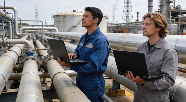 Two petroleum engineers evaluating refinery pipeline infrastructure with laptop in expansive industrial oil and gas facility.