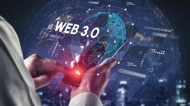 Modern Smartphone in Hand Displaying Web 3.0 Concept with Digital Globe and Futuristic Data Connections Against City Landscape. Entropy.