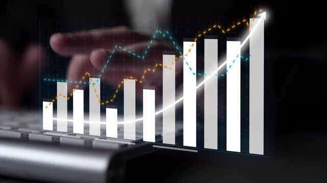 This image showcases a professional workspace with hand interaction over a keyboard, depicting graphs and charts that illustrate business growth and financial trends. Copula