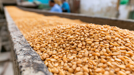 Obraz premium Sesame seeds pouring from a modern blue processing machine in factory 