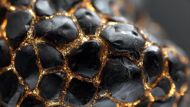 Close-up macro shot of a textured surface with dark, irregular shapes interconnected by shimmering golden veins.