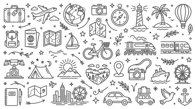 travel icons set with suitcase plane globe and camera