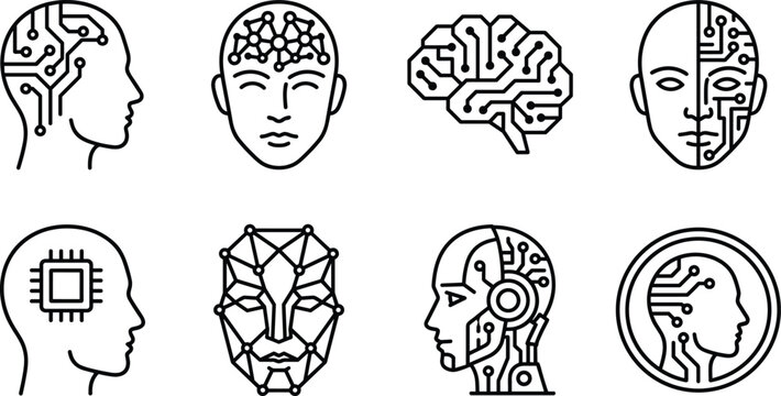 Artificial Intelligence Icon Set with Cyborg Face and Circuit Brain Symbols for Technology and Innovation Website Designs