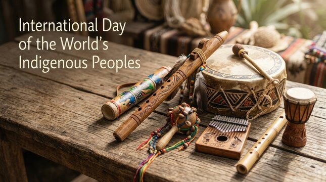 Ethnic percussion and wind instruments including a kalimba on a rustic table for International Day of the World's Indigenous Peoples