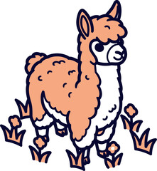 Naklejka premium Cute orange alpaca standing in green grass with small orange flowers