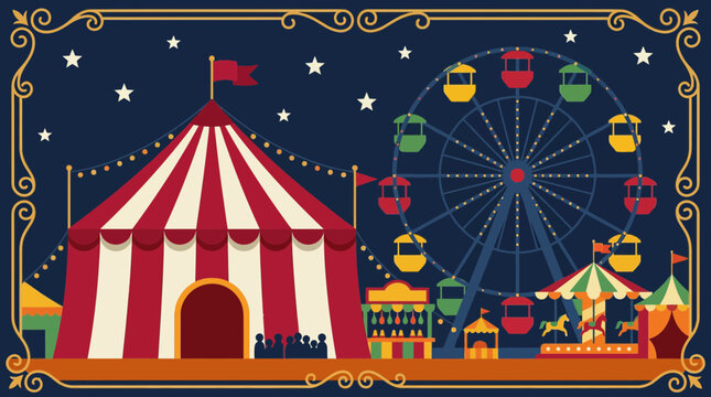Night carnival with tent and ferris wheel scene.