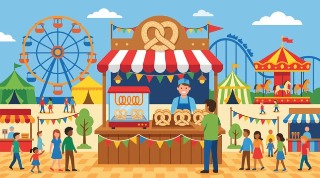 Pretzel vendor at a busy amusement park.