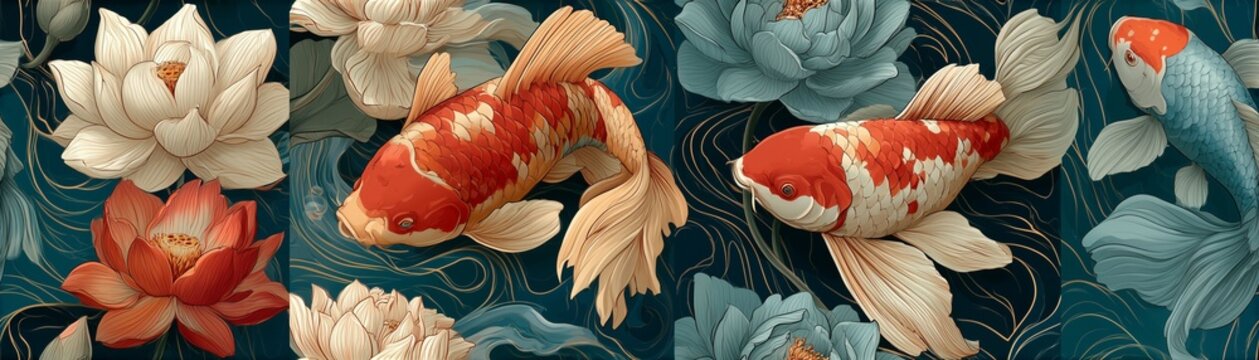 Seamless pattern of colorful koi fish swimming among lotus flowers and flowing water in refined oriental art style, collection 