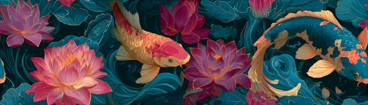 Seamless pattern of colorful koi fish swimming among lotus flowers and flowing water in refined oriental art style, collection 