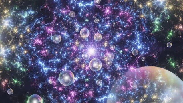 Vibrant cosmic scene with glowing bubbles and stars exploding in space near a large planet