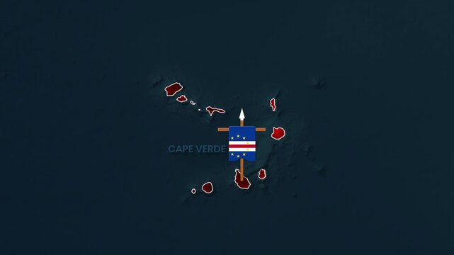 Cape Verde island nation map with flag animation digital motion footage