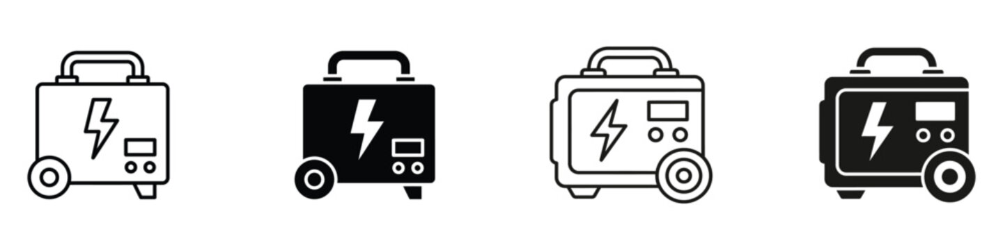 Portable gas generator line and solid icons collection. Electric power generator vector set showing various styles of backup energy equipment for residential and industrial power needs.