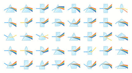 Fototapeta premium Prisms displaying light refraction through various geometric shapes demonstrate the physics of color dispersion.
