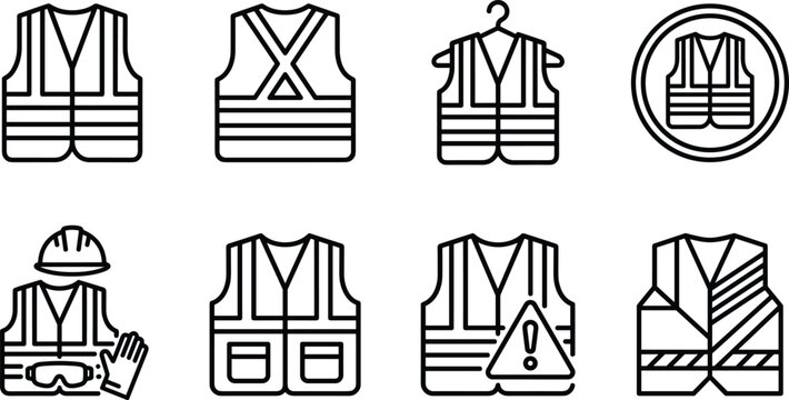 Safety Vest Icon Set with Construction Helmet and Warning Symbols for Industrial, Workplace Safety, and Engineering Site Designs