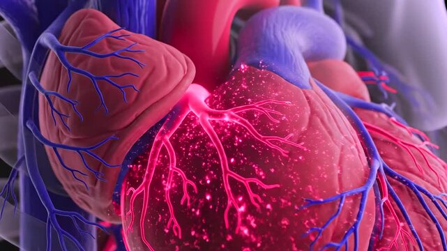 Medical illustration showing vibrant blood vessels over beating heart, Dynamic angiography rendering illustrating illuminated arteries and veins during myocardial perfusion