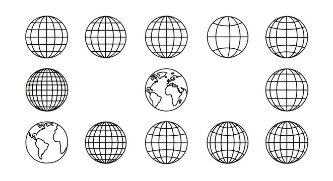 Set of globe icons and world map grid illustrations for design, branding, and graphic projects.