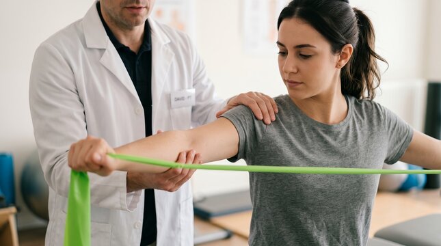 A physical therapist in a white coat assists a woman performing resistance band exercises to improve her arm and shoulder strength in a clinic setting therapy rehabilitation physiotherapy